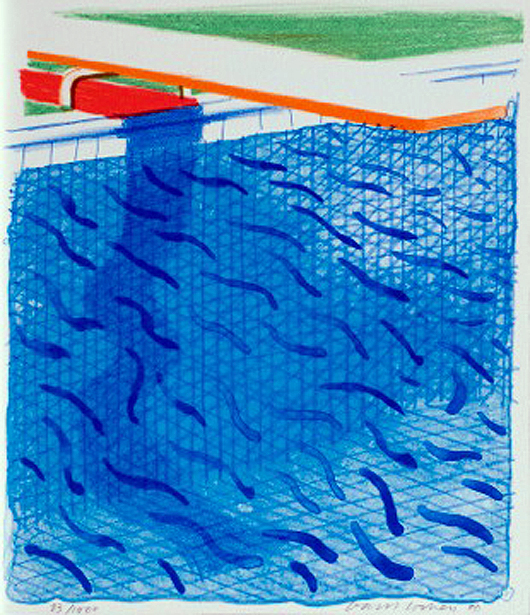 David Hockney’s 'Paper Pools,' a signed lithograph from an edition of 1,000, on the stand of London dealer Dominic Guerrini at the 20/21 British Art Fair at the Royal College of Art. Image courtesy Dominic Guerrini and 20/21 British Art Fair.